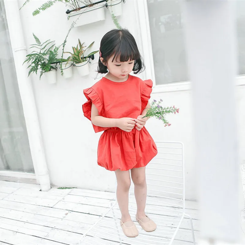 

DFXD Toddler Girls Summer Clothing Sets 2018 New Fashion Wood Ear Short Sleeve Top+Short Lantern pant 2pc Girls Outfits 2-8Years