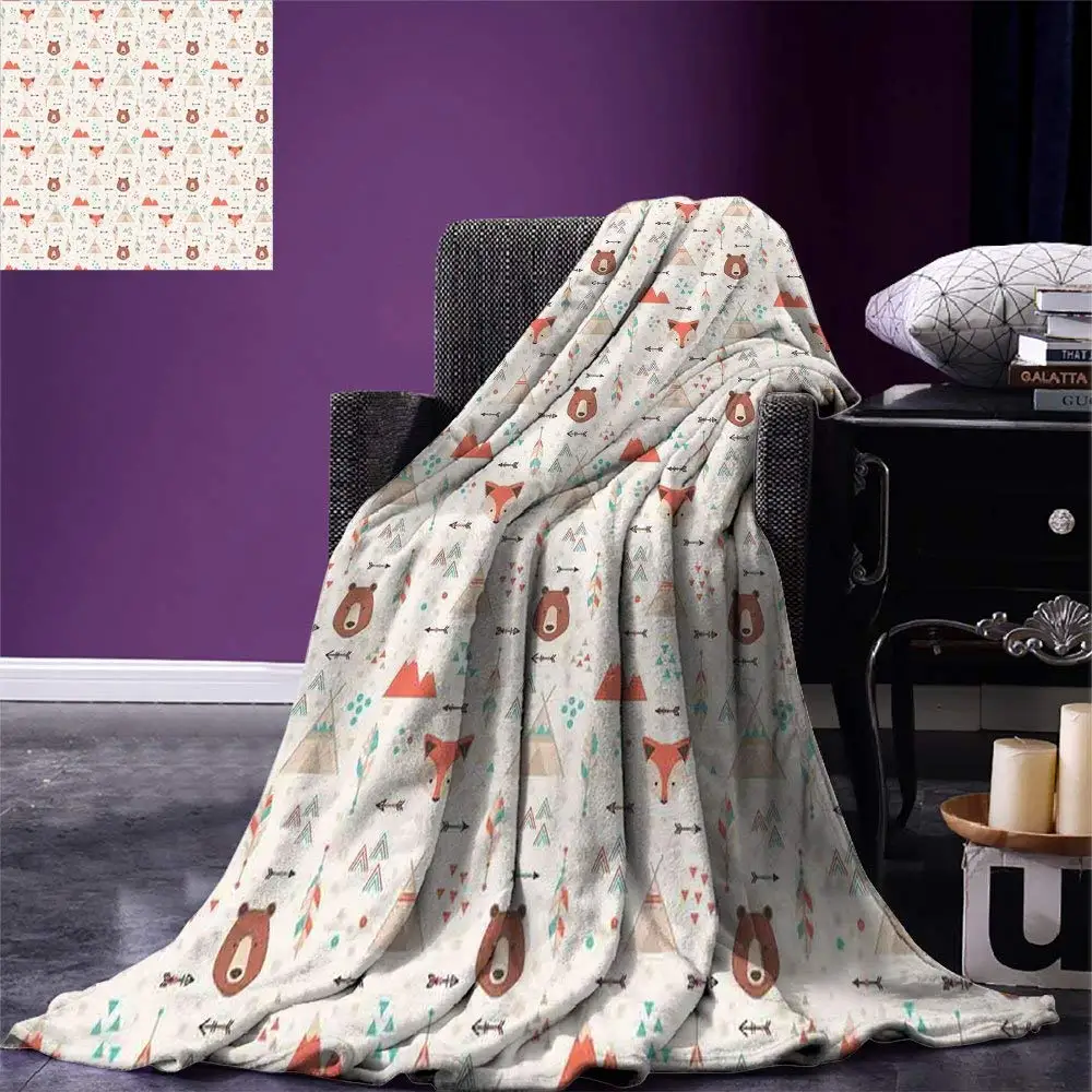 

Tribal Throw Blanket Cute Ethnic Primitive Fox Arrows Bear Lodge Houses Feather Graphic Warm Microfiber