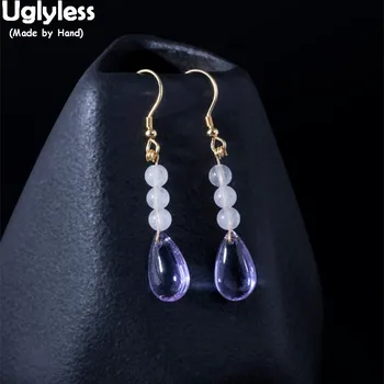 

Uglyless 100% Real 925 Sterling Silver Water Drop Earrings for Women Purple Crystal Beading Earrings Ethnic Summer Dress Brincos
