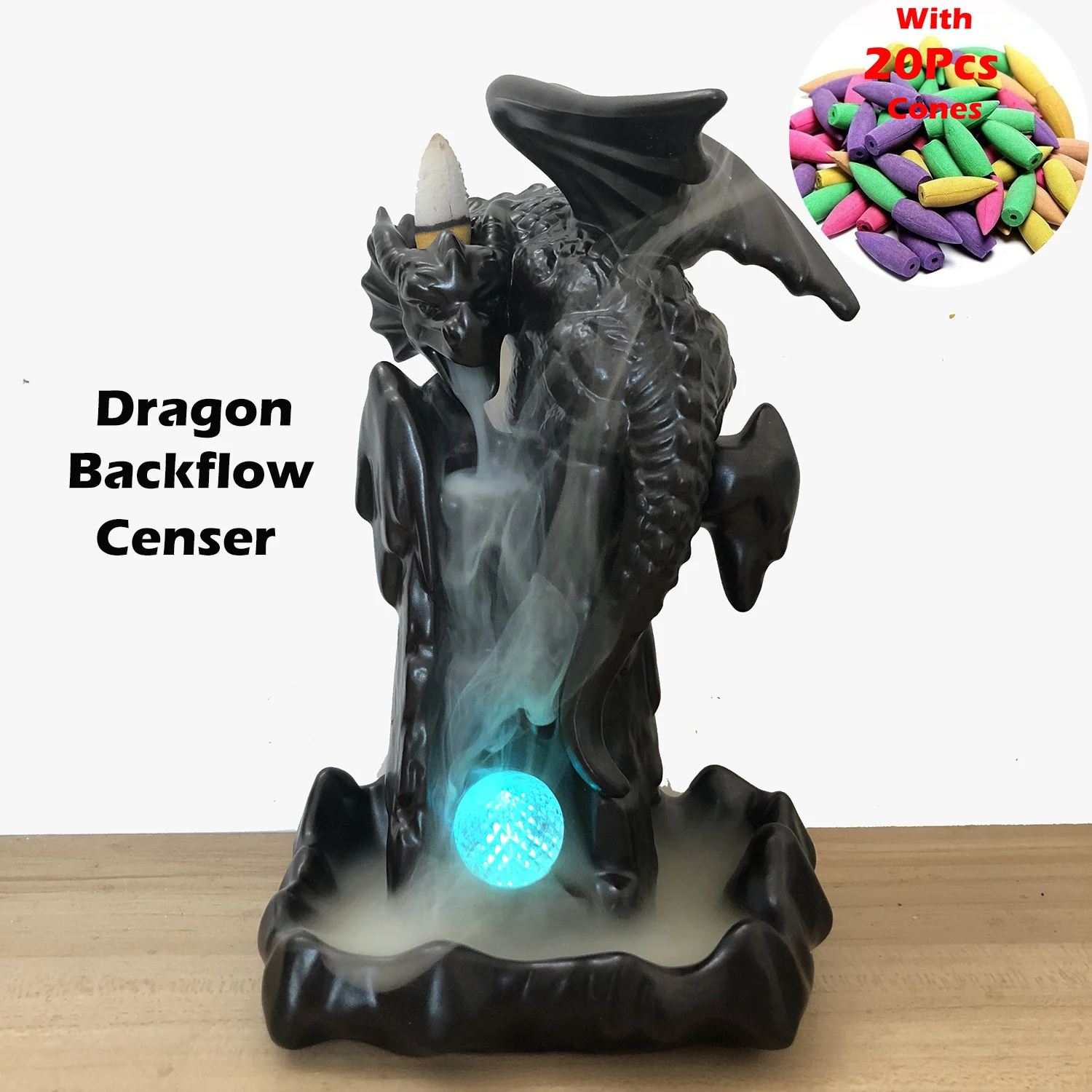 Керамический дракон курильница с обратным потоком wtih 7 изменение цвета светодиодный хрустальный шар для домашнего декора дзен аромат