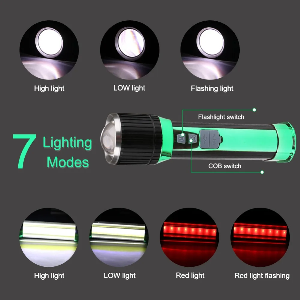 2 в 1 COB светодиодный T6 фонарик 7 режимов USB зарядка прожектора и прожектора Кемпинг уличное рабочее освещение