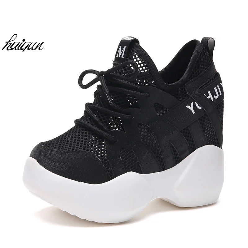 

12CM Hidden Heels Wedges Lace Up Casual Shoes Woman Fashion White Black Breath Platform Height Incresing Comfort Shoes