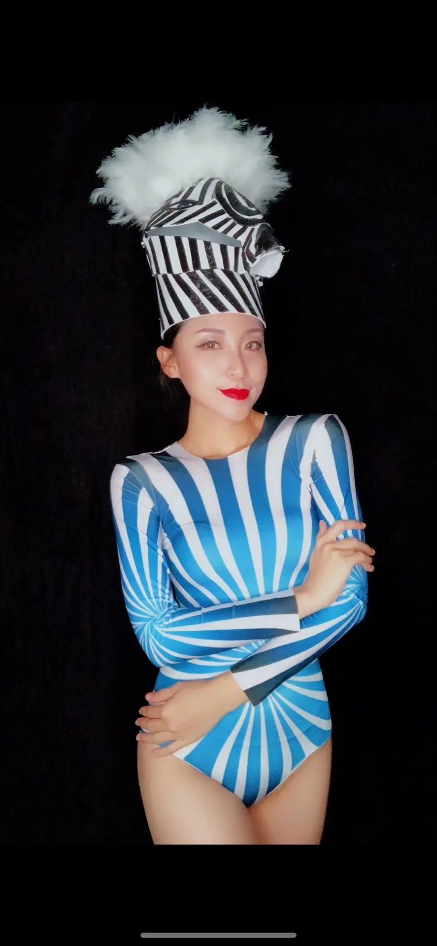 Для женщин певица танцор показать одежду сине-белые одежда с длинным рукавом облегающий Костюм Стретч Для женщин выпускного вечера