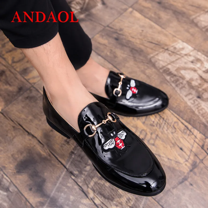 En jaune Luxe on Mode Brillant Andaol Broderie Hommes Mariage Bleu Designer D'entraînement Cuir Slip Chaussures Mocassins De Décontractées Appartements rouge F1TlKJc