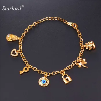 

New Evil Eye Bracelet Yellow Gold Color Wholesale Key Lock Bear Hearts Dragonfly Charm Bangles Bracelet For Women Jewelry H5184