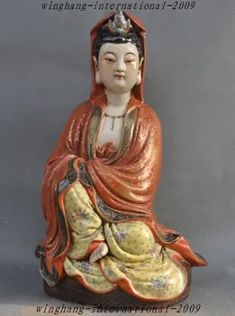

14" Old China Buddhism joss Wucai Porcelain Gold Gilt Guanyin Bodhisattva Statue