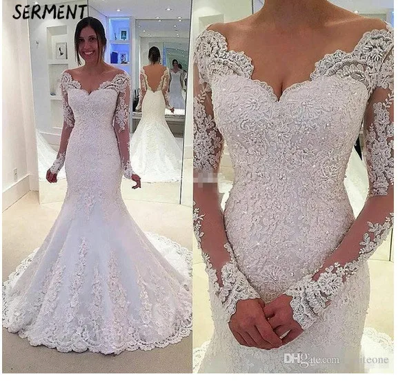 

Wedding 2019 New Sexy Fishtail Wedding Dress Shoulder V-neck Water Soluble Lace Wedding Dress Tail Wedding Dress