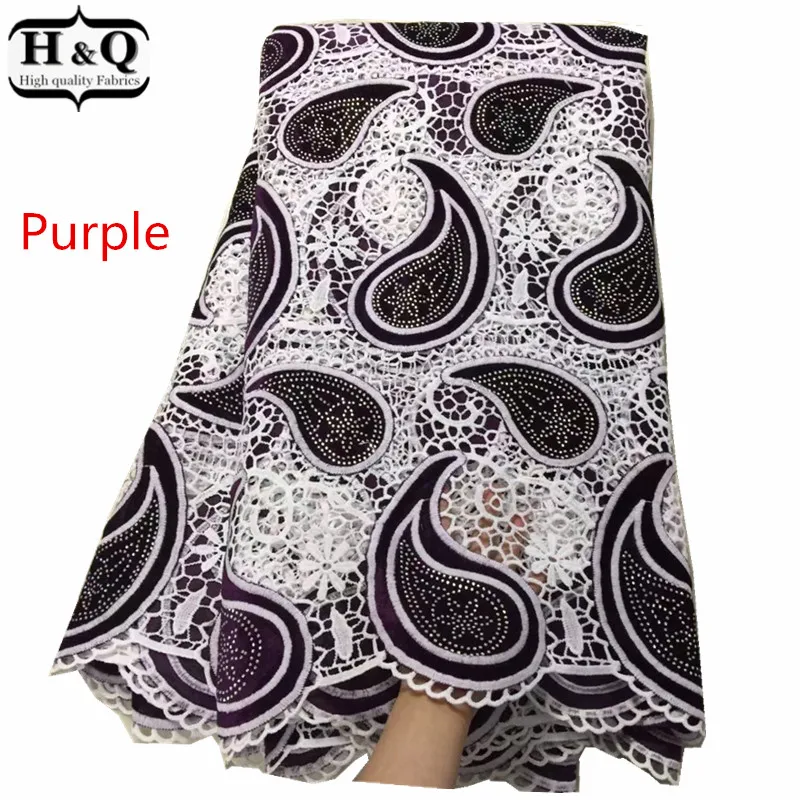 

Purple Nigerian Guipure Lace Fabric 5 Yards/Piece African Lace With Stones Velvet Embroidery High Quality For Wedding Clothing
