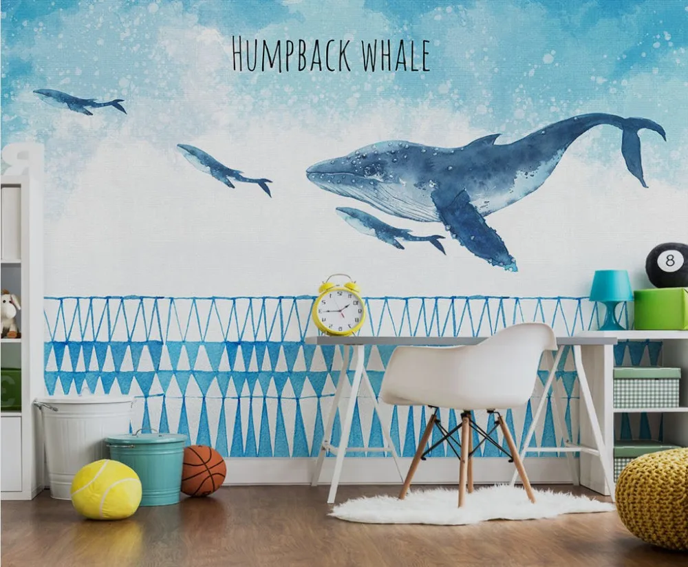 

Free Shipping Mediterranean Style Mural Hand Painted Dolphin Ocean Background Wallpaper Custom 3D Wall Mural Kids Bedroom