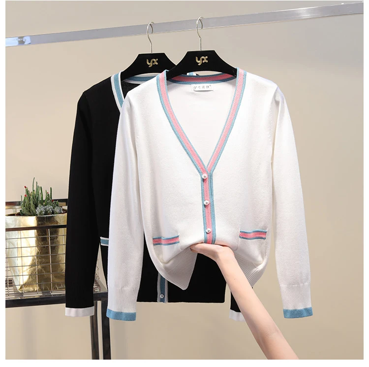 Роскошный дизайнерский брендовый вязаный свитер для женщин, v-образный вырез, контрастные цветные пуговицы, вязаный кардиган, свитер, черный, белый