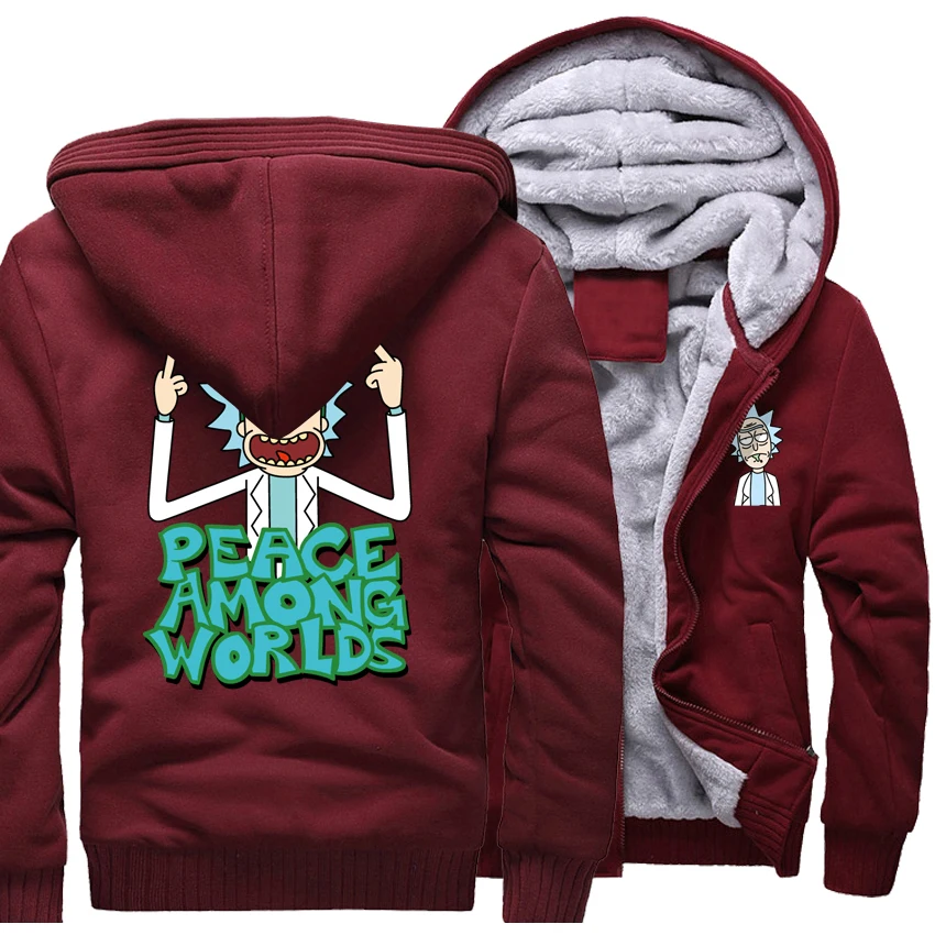 

male cartoon funny hoodies 2019 wool liner Thick Zipper Jacket warm tracksuit men wine red Rick and Morty coats sweatshirt homme