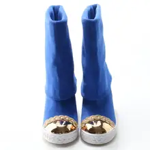 Стильный Синий Колено Сапоги на танкетке женщина круглый носок Slip-On подходит Обувь нормальный Размеры Демисезонный платье Сапоги и ботинки для девочек