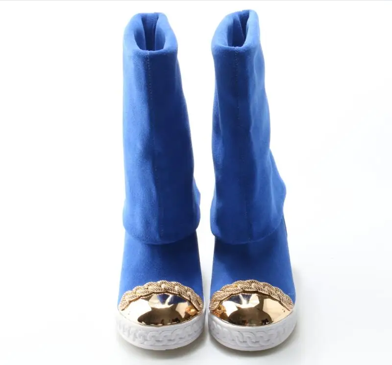 

Stylish Blue Knee-High Height Increasing Boots Woman Round Toe Slip-On Suitable Shoes Normal Size Spring Autumn Dress Boots
