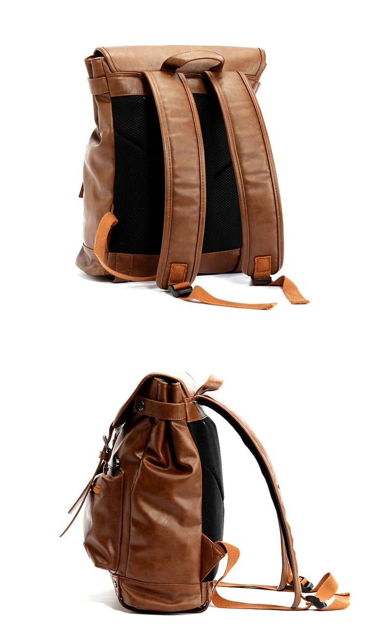 two photos of the backside and the left side of a vintage backpack made with leather