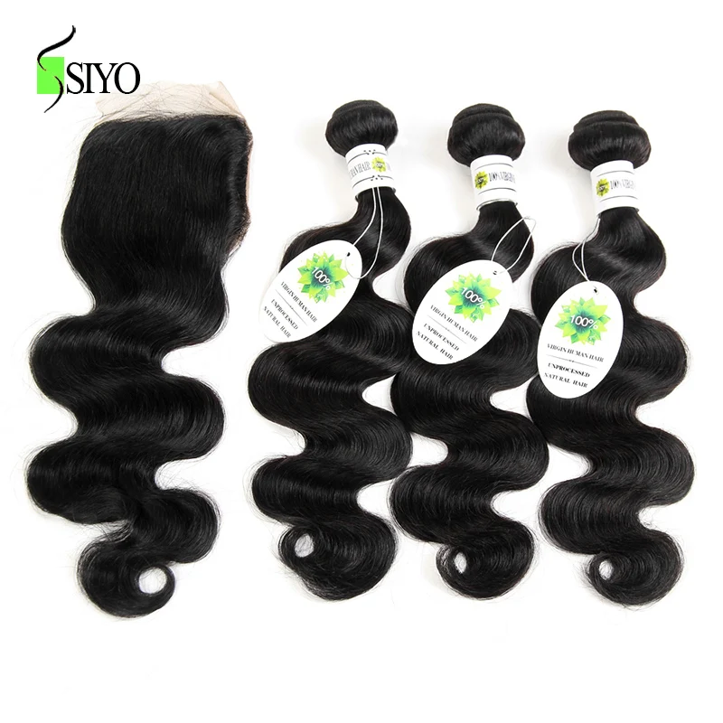 SIYO Human Hair Body Wave 3 Bundles with Closure 4*4 Free Part 100% Peruvian Can Be Dyed Non Remy Natural Color | Шиньоны и парики