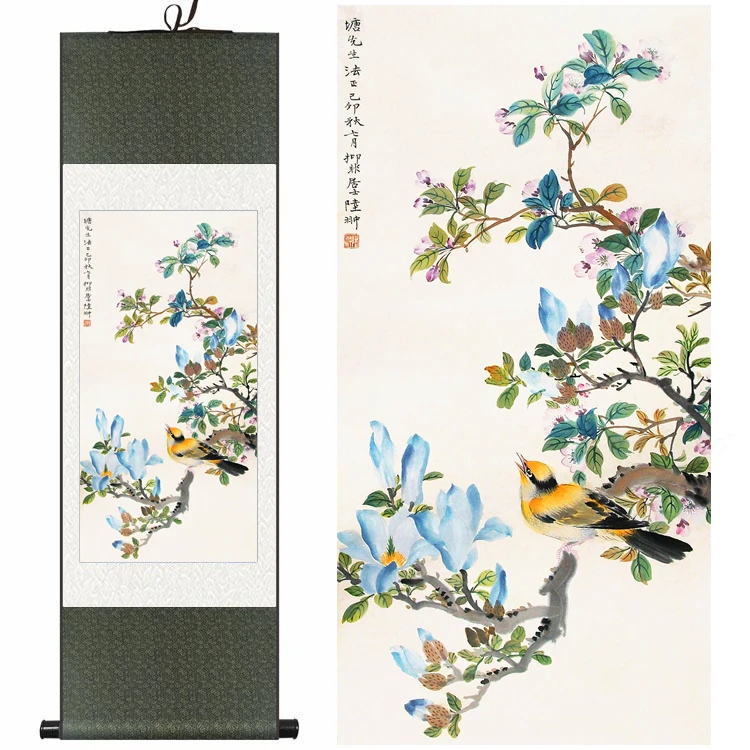 

Chinese Silk watercolor ink flower bird Oriole magnolia original art canvas wall picture feng shui damask framed scroll painting
