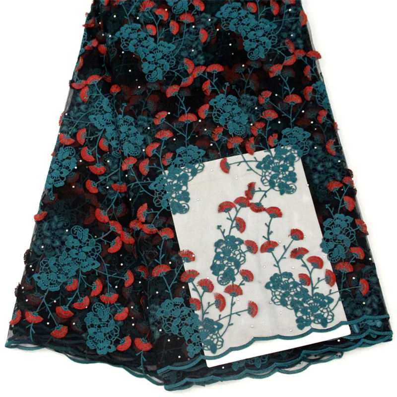 

NEW Teal/Red Nigeria African Party Dress Floral Lace Fabric Latest French lace Embroidery Tulle Lace Fabric with Stones X1441