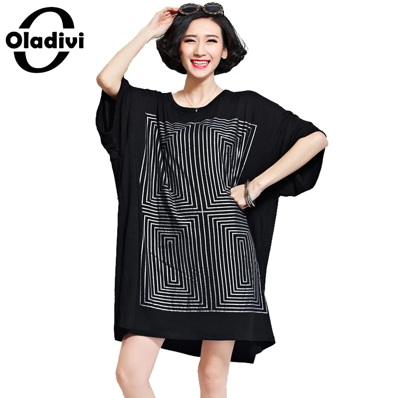 

Oladivi Oversized Shirt Dresses Women Fashion Print Long T-Shirt Plus Size Ladies Tops Tees Black Cotton Dress Female Tunics 8XL