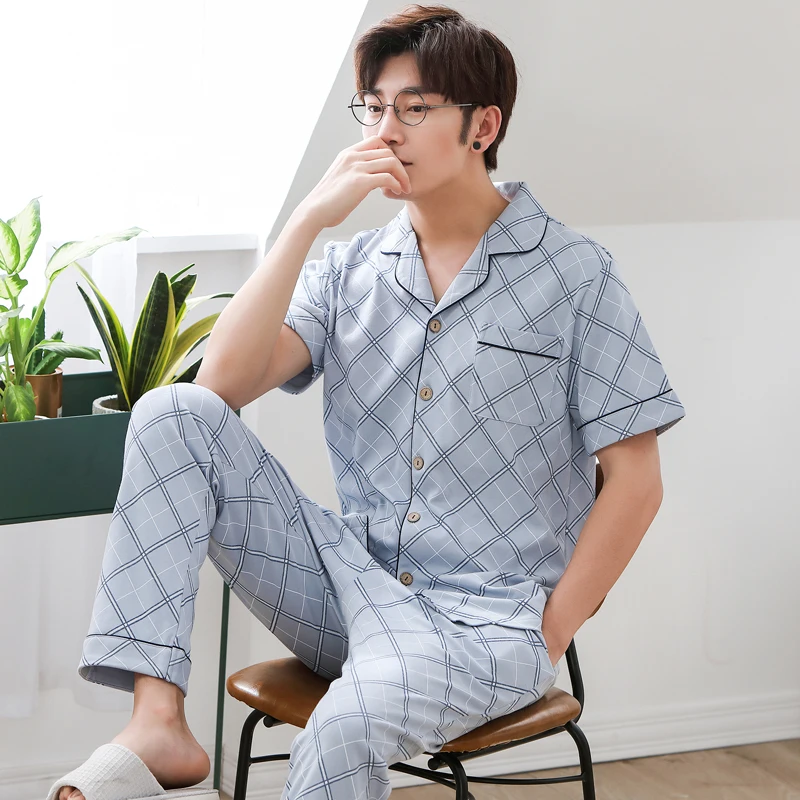 

Men Pajama Set Nightwear 2019 Summer Cotton Short-sleeve Male Sleepwear Sets Plaid Prints Pyjamas Sets Thin Pajamas Casual home