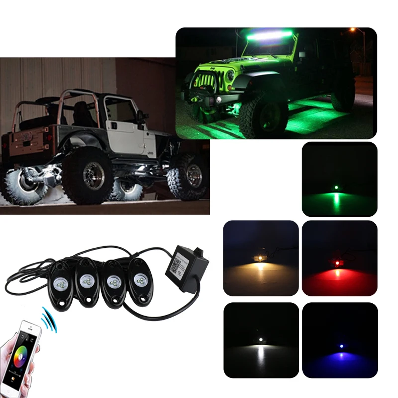 

4 Pods RGB Waterproof Decoration Rock Lights Multi-Color Deck Atmosphere Lamp with Bluetooth Control Box for Offroad Boat Truck