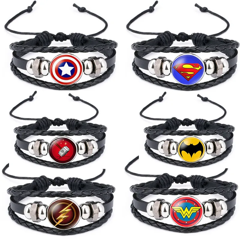 

Lot/10pcs Wholesale The Avengers Bracelet Captain America Deadpool Thor Batman Superman Charms Punk Leather Bracelete Jewelry