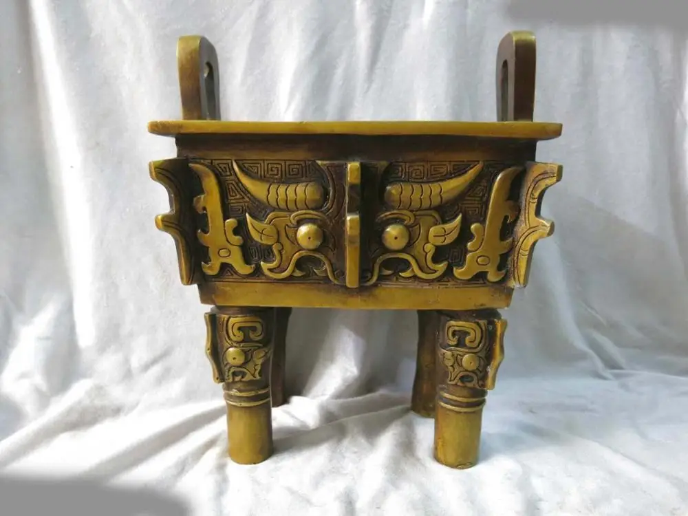 

12" China fine pure brass copper censer carved Ding Tripod incense burner Statue