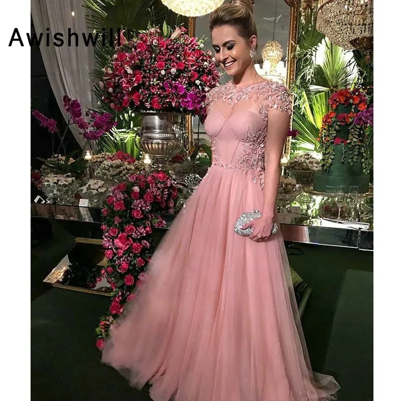 8 New Fashion Long Prom Dresses 2019 O-Neck Short Sleeves A-Line Floor Length Appliques Tulle Evening Dress Robe de soriee