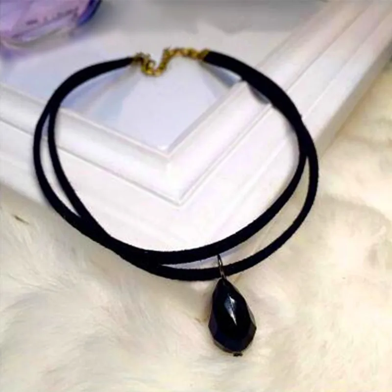 

New Double Layer Black Imitation Leather Rope Choker Necklace Gothic Punk Charm waterdrop Pendant NecklaceVintage Jewelry Women