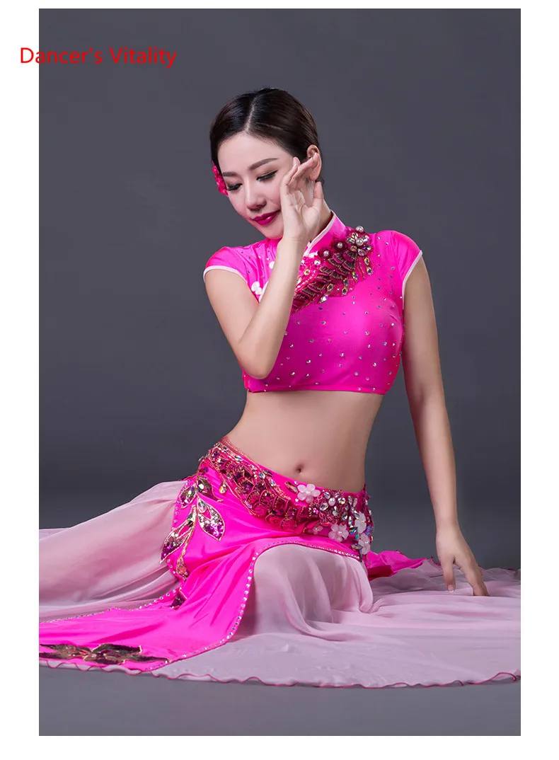Для взрослых, соревнования, Cheongsam топ+ юбка, костюм для танца живота, длинное платье для женщин, одежда для танца живота, индийская одежда для танца живота