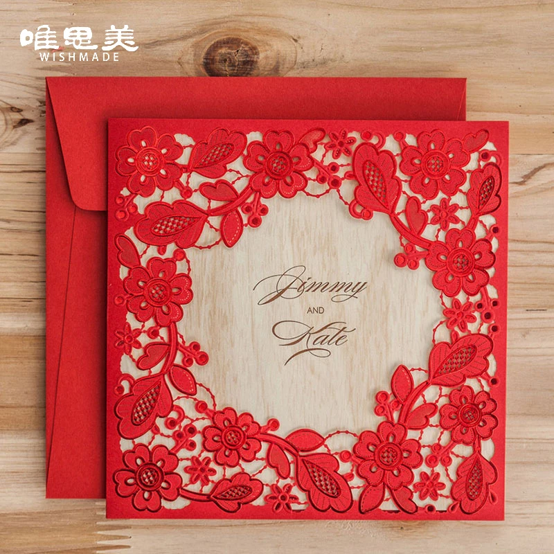 Wishmade Laser Cut Lace Invitation Card Elegant Red Hollow 