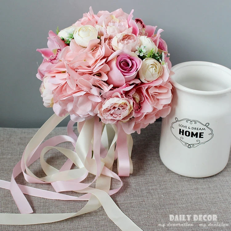 2017 new pink Wedding Bouquet Handmade Fiore Artificiale Rosa Ortensia buque casamento Bridal Bouquet per la Decorazione di Cerimonia Nuziale