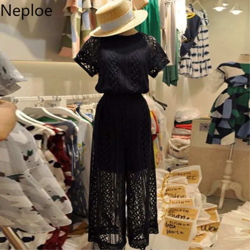 

Neploe Korean 2 Pieces Set Women Black Outfits Hollow Out Lace Tops Ankle Length Wide Leg Pants Suits Loose Matching Clothes