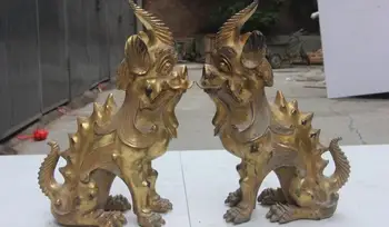 

China feng shui Copper Bronze Gold Kirin Unicorn Kylin chi-lin beast Statue Pair