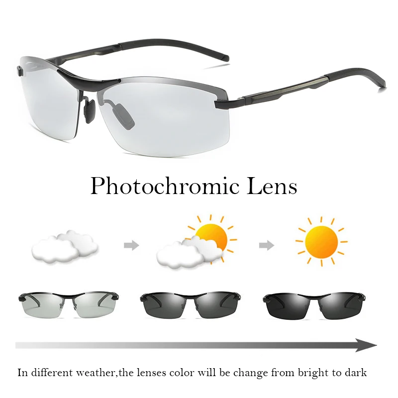 Saylayo Brand Photochromic Sunglasses Men Polarized  Discoloration Sun Glasses Men Fashion Rimless Eyewear for Driving Fishing