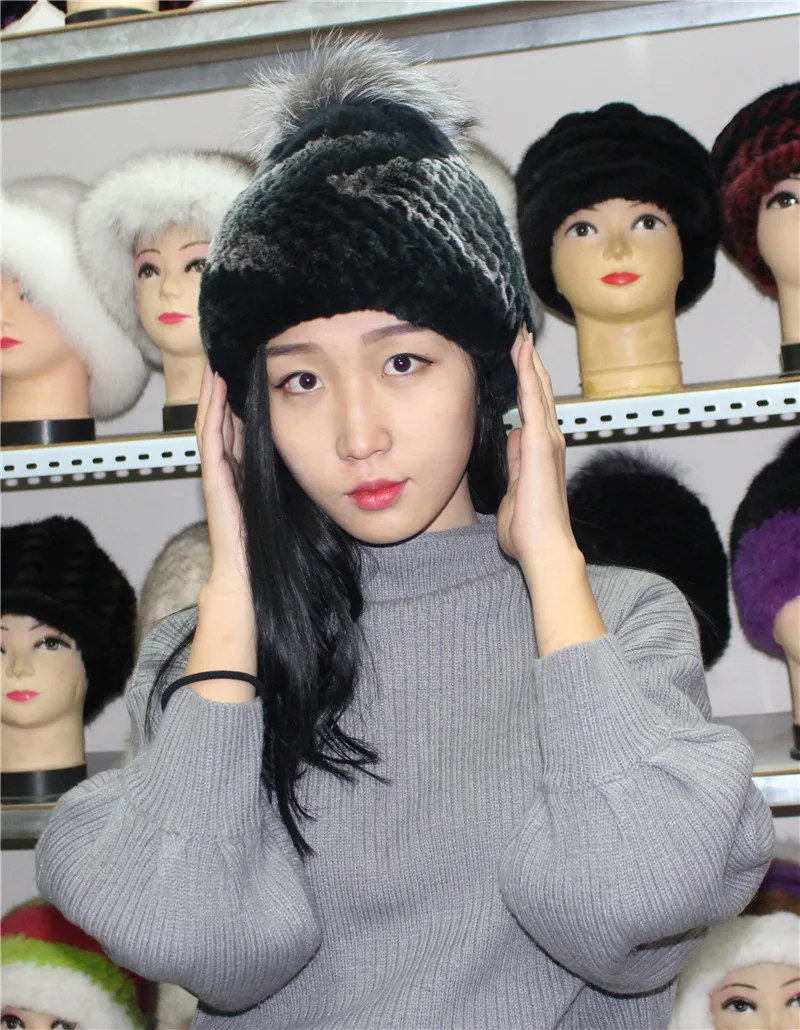 Linhaoshengyue мех кролика шапка шляпа с мячом зимние теплые женские Новинка