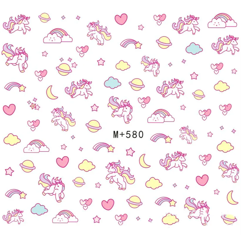 

2Sheets Unicorn Nail Water Decals Kawaii Nailart Hot Pink Decorations 3d Heart Style Rainbow Cartoon Girl Manicure Diy for Tools