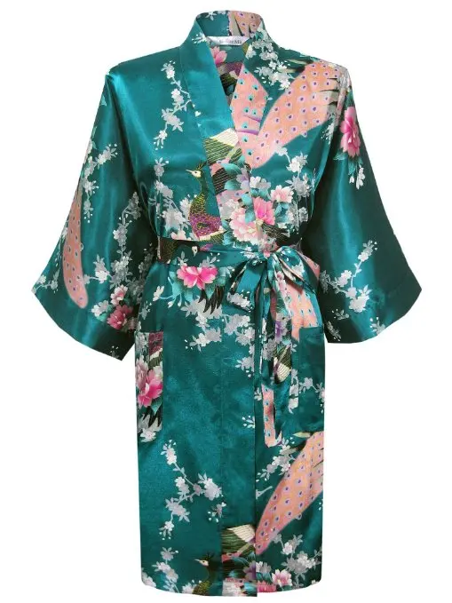 Женское Новое поступление халат китайский стиль кимоно окрашенный кафтан халат платье с поясом Павлин много цветов пижамы Халаты - Цвет: cyan