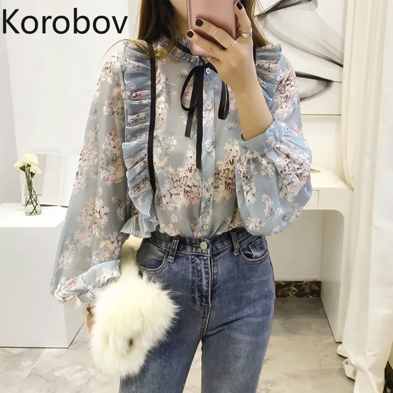 Korobov новая Корейская элегантная женская блузка с оборками на шнуровке бантом