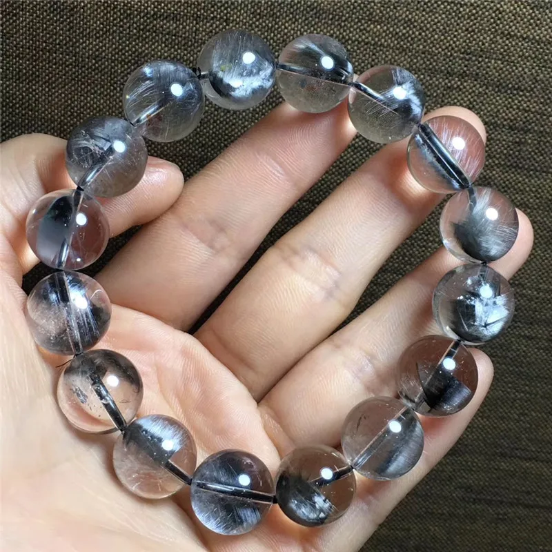 

Natural Brookite Platinum Silver Rutilated Quartz Crystal Bracelet 12.7mm Round Bead Woman Man Lucky Gift Clear Gemstone Jewelry