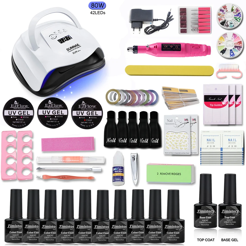 

Nail Set 80/54/36W UV LED Lamp With 10pcs Nail Gel Polish Kit 1base 1top UV Extension Gel Set electric Nail drill Nail Art tool