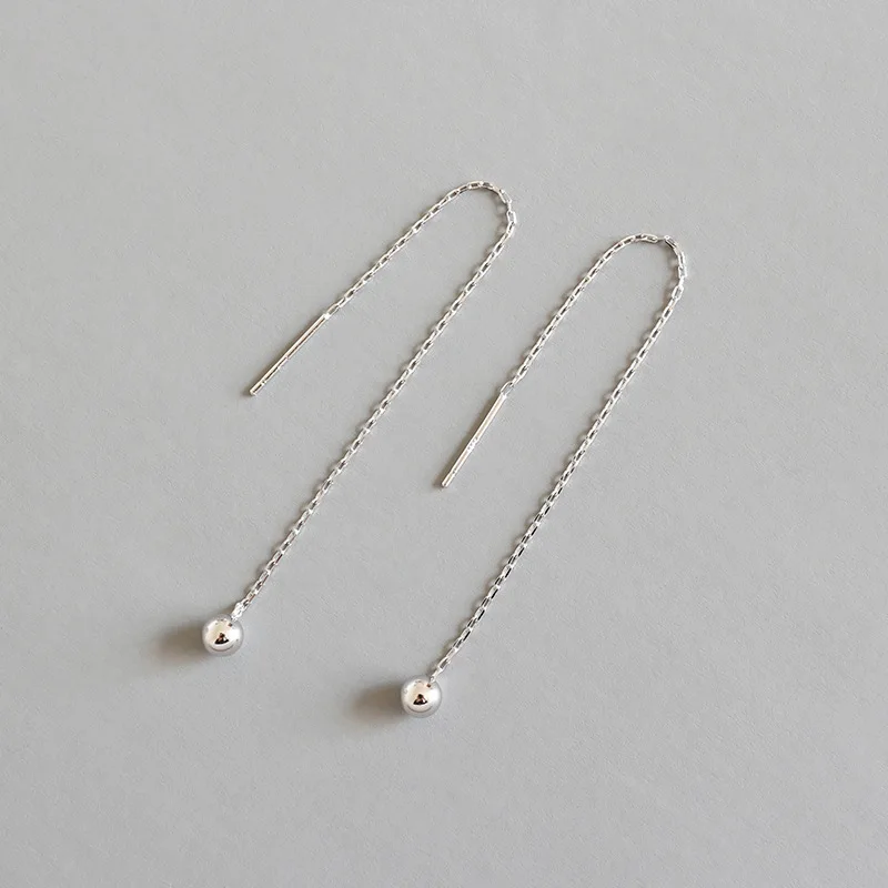 

100% real. Authentic 925 Sterling silver Polished Lucky Round Bead Threader Long Earrings Fine jEWELRY E114