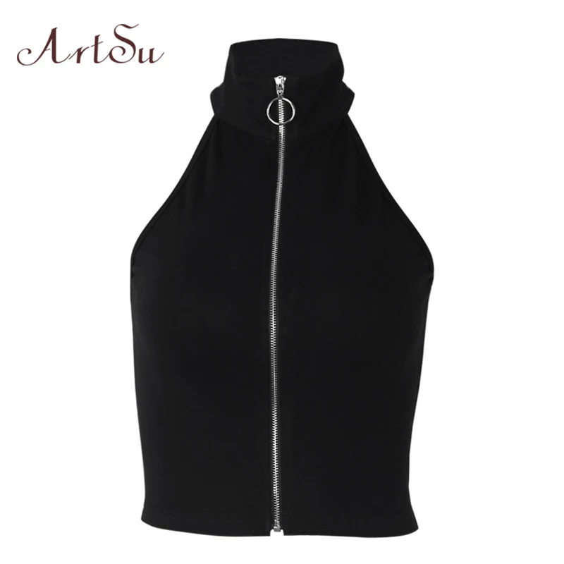 

ArtSu Black Crop Top Turtleneck Wmen Sleeveless Top Zipper Sexy Knit Top Basic Undershirt Women Short Top Streetwear ASVE20552