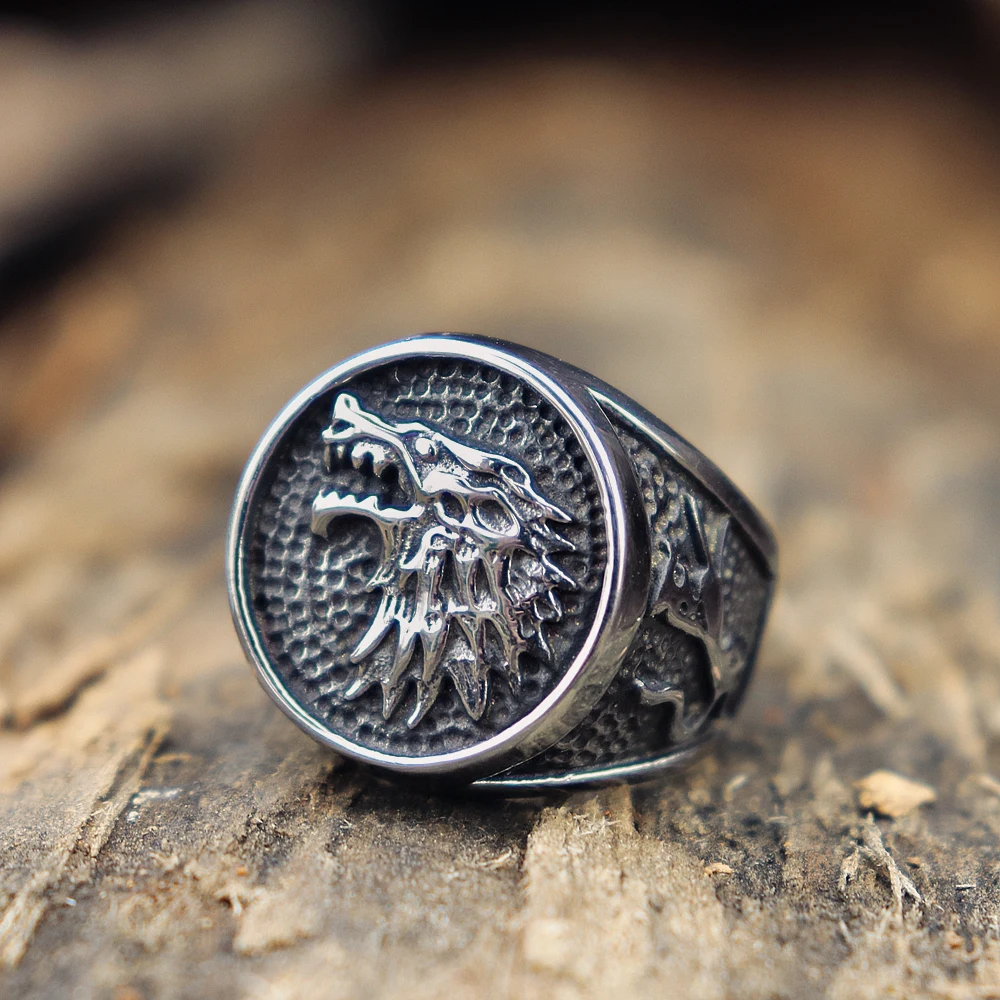 

EYHIMD House Stark Direwolf Silver Stainless Steel Ring Game of Thrones Stark Ring Mens Vikings Jewelry