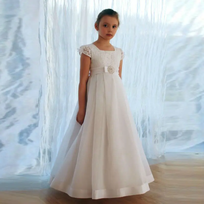 

Vintage White Ivory flower girl dresses square collar easy lace design first communion dresses for girls vestido daminha