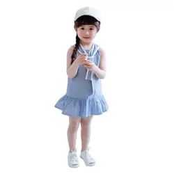 Новый Платье для маленьких девочек без рукавов Детское праздничное платье принцессы летнее Полосатое Колледж ветер платья для маленьких