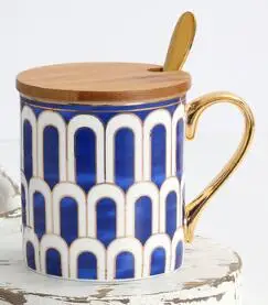 Керамическая кофейная кружка, посуда золотая цепочка на голову кружка для молока с крышкой и ложкой - Цвет: blue mug
