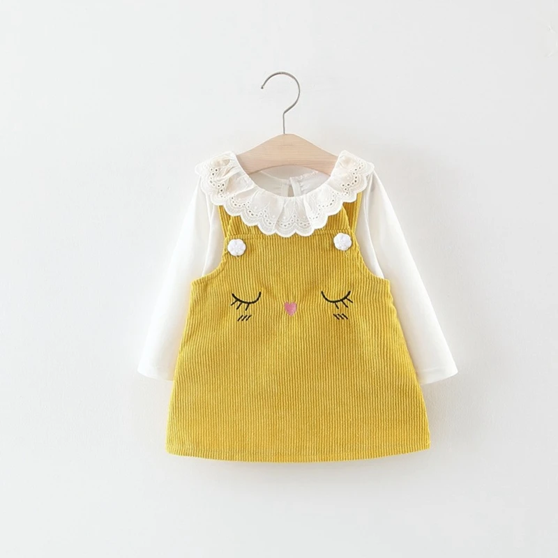 

Autumn 2019 Baby Clothing Sets Girls Cotton Long Sleeve T-shirt + Cartoon Car Corduroy Overalls Dress Princess Kids 2Pcs Suits