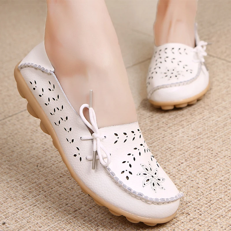

Women's Casual Genuine Leather Shoes Woman Loafers Slip-On Female Moccasins Ladies Driving Shoe Cut-Outs Mother Footwear