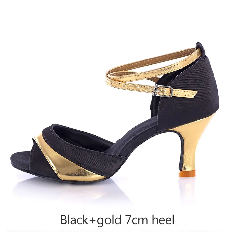 Профессиональный Туфли для латинских танцев для Для женщин самбы/Танго/Сальса/бальные танцы обувь Daning 5 см/модель с каблуком 7 см для взрослых высокое качество Обувь для танцев - Цвет: black gold 7cm