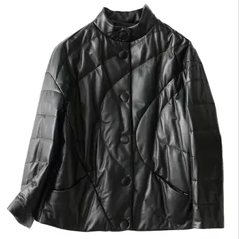 

Winter sheep leather fabric England style duck down coat female single breasted thicker long warm leather down coats wq520